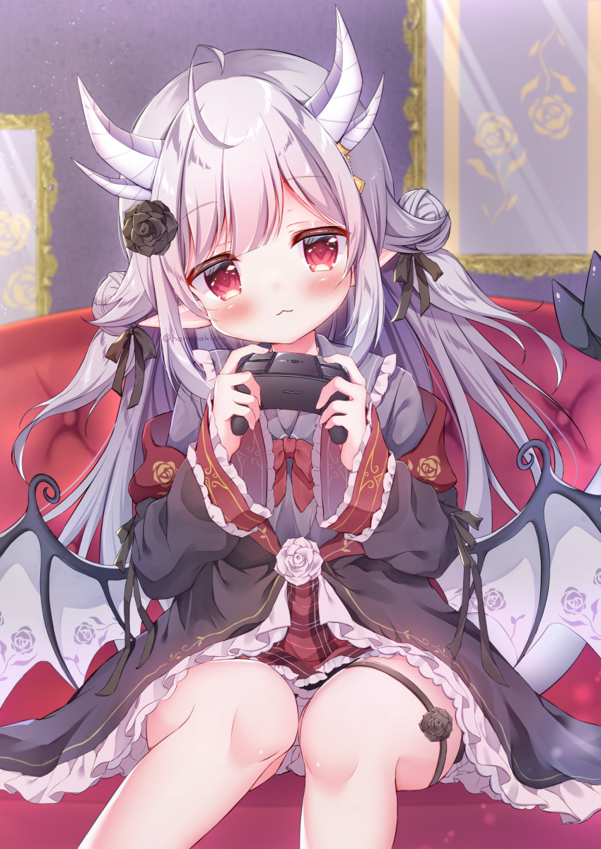 1girl, :3, ahoge, animal_ears, blush, commentary_request, couch, dragon