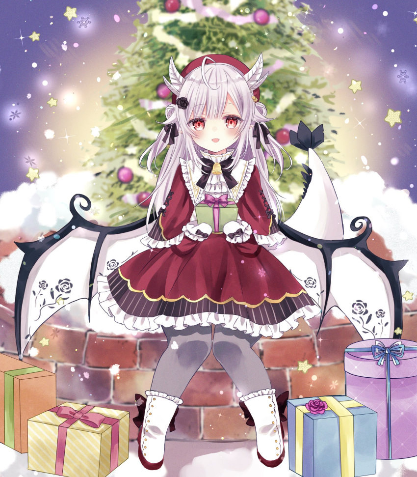 ahoge, alternate_costume, beret, blurry, blurry_background, blush, box, christmas_tree