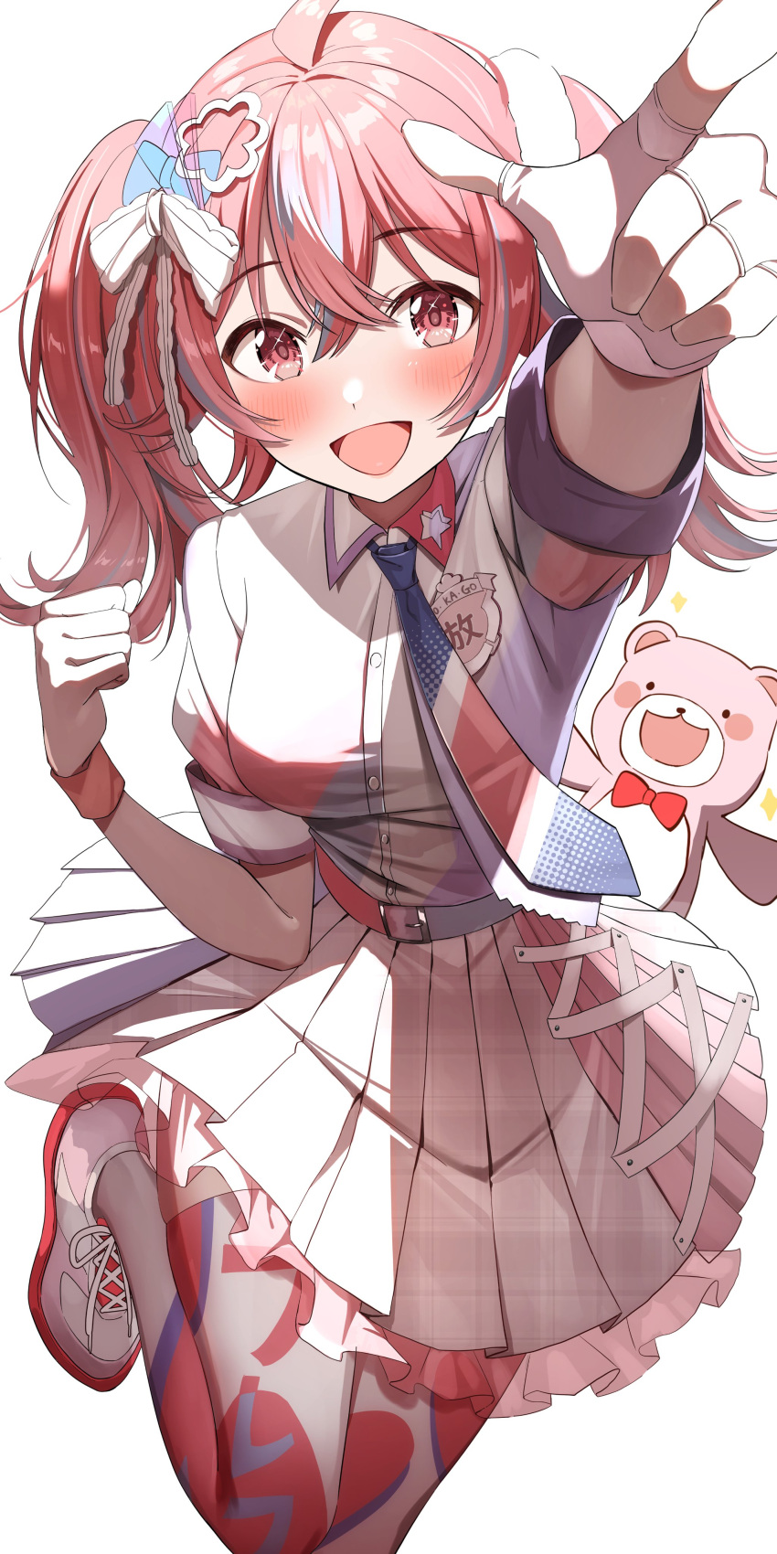 1girl, absurdres, arm_up, blush, breasts, commentary_request, fingerless_gloves, gawawawa