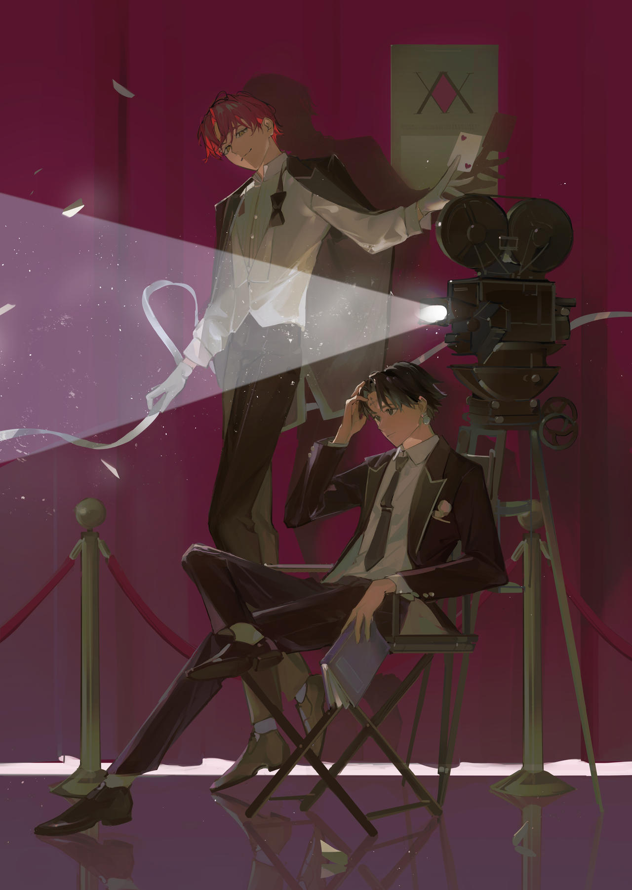 2boys, alternate_costume, between_fingers, black_footwear, black_hair, black_jacket, black_pants, black_sleeves