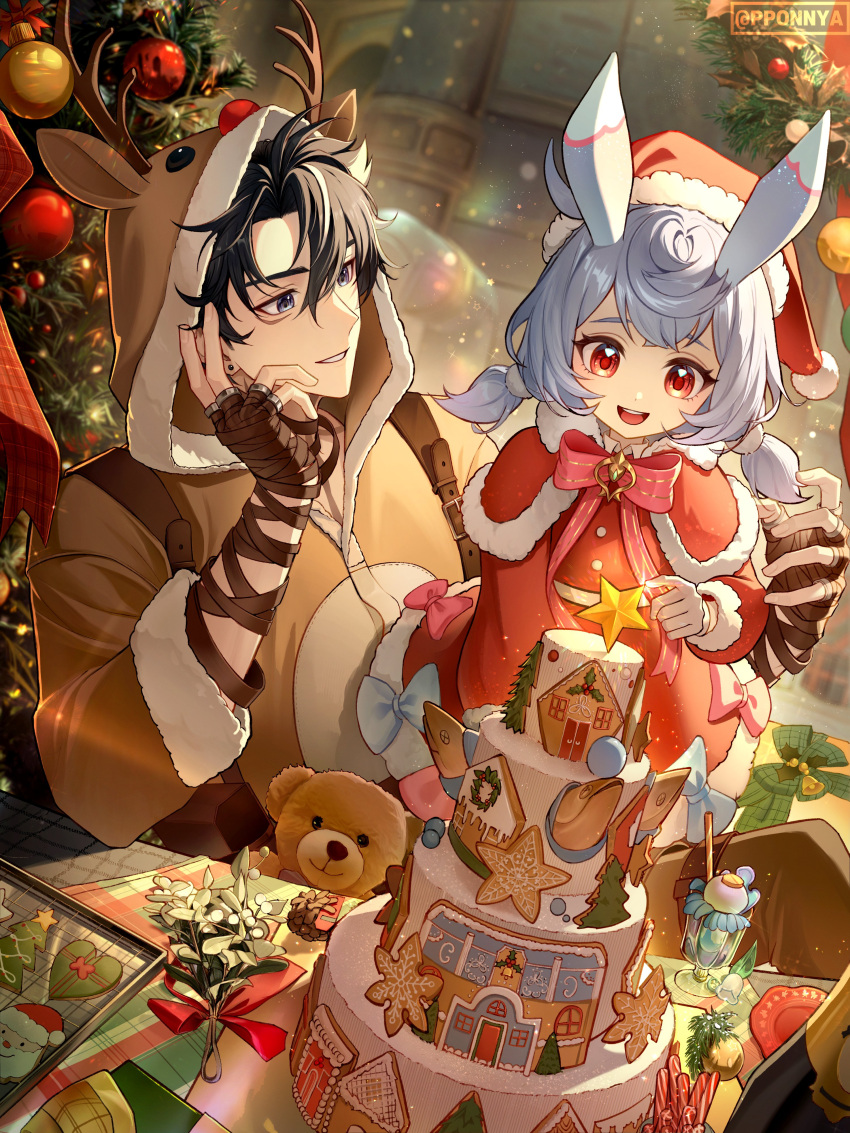 1boy, 1girl, absurdres, alternate_costume, animal_costume, animal_ears, bandaged_hand, bandages, black_hair, blue_eyes, brown_hood, cake, capelet, christmas, christmas_tree, deer_ears, desk, dress, earrings, food, genshin_impact, gloves, grey_hair, hair_between_eyes, hat, highres, hood, hood_up, jewelry, long_hair, long_sleeves, low_twintails, male_focus, merry_christmas, multicolored_hair, open_mouth, pponnya, red_capelet, red_dress, red_eyes, reindeer_costume, santa_hat, short_hair, sigewinne_(genshin_impact), smile, star_(symbol), streaked_hair, stuffed_animal, stuffed_toy, teddy_bear, twintails, wriothesley_(genshin_impact)