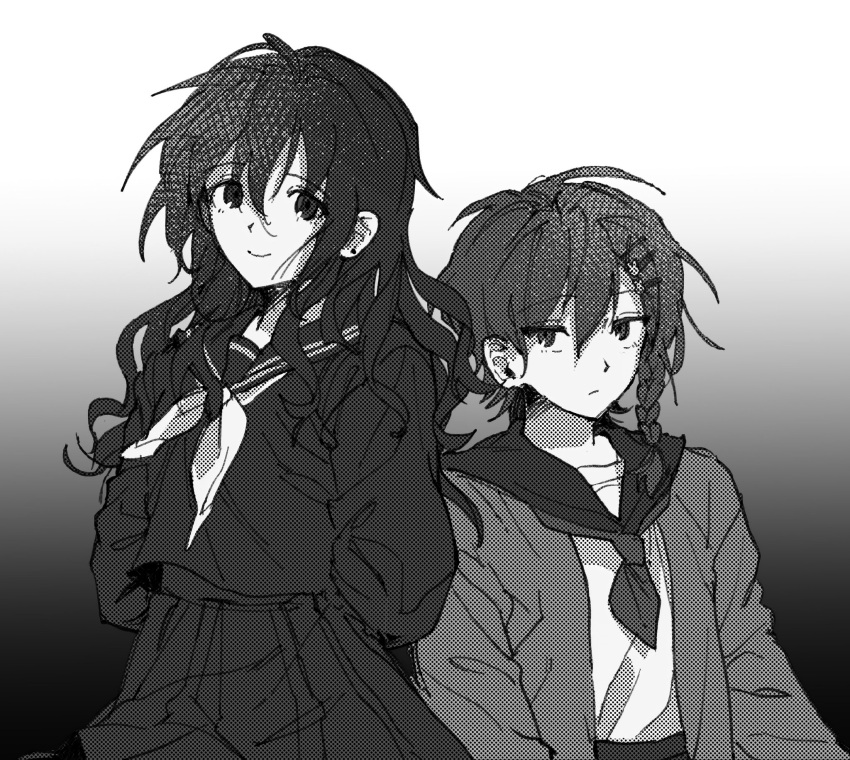 2girls, black_background, black_sailor_collar, black_shirt, black_skirt, braid, closed_mouth, expressionless