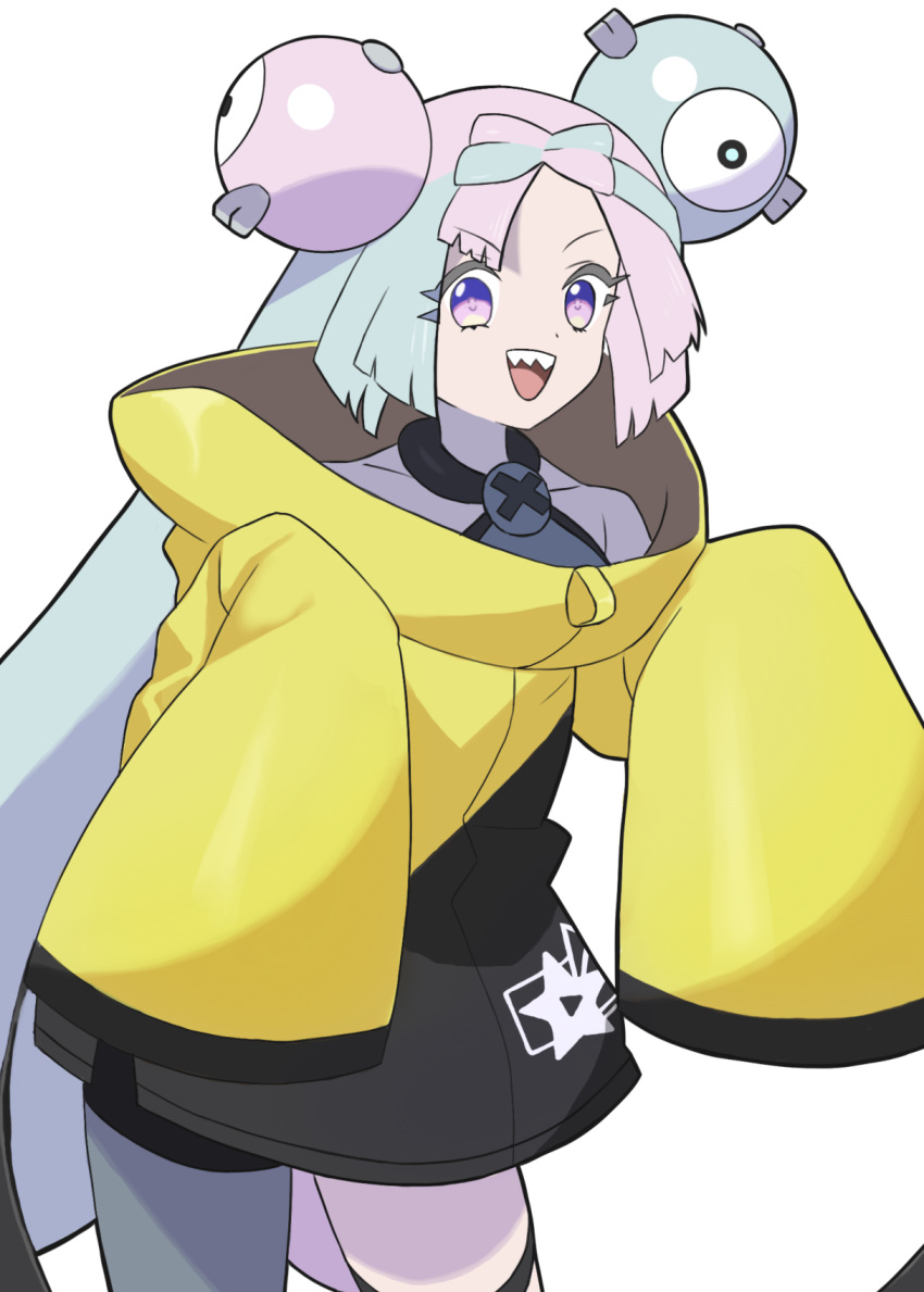 1girl, :d, bow-shaped_hair, character_hair_ornament, commentary_request, green_hair, grey_shirt, hair_ornament