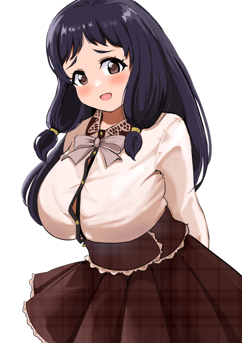 1girl, absurdres, black_hair, blush, breasts, brown_eyes, brown_skirt, buttons