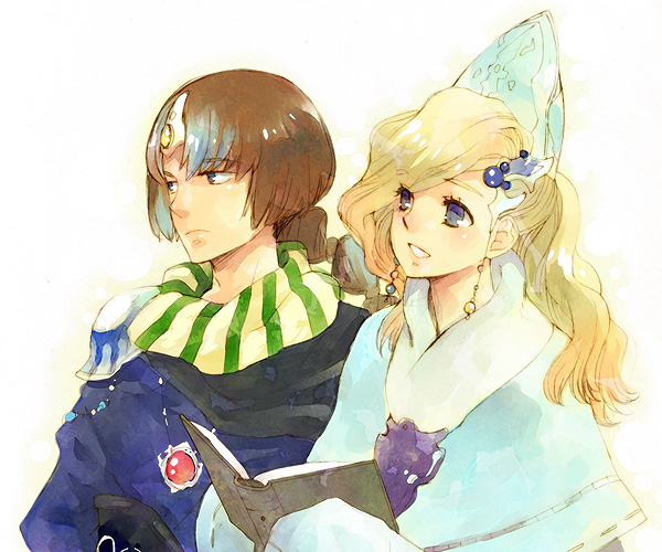 1boy, 1girl, blonde_hair, blue_eyes, blue_robe, book, braid, braided_ponytail