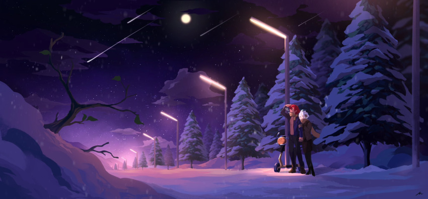 2girls, branch, couple, gundam, gundam_suisei_no_majo, highres, lamppost, miorine_rembran