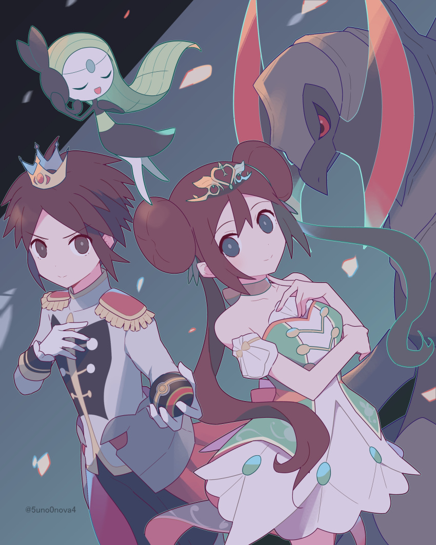 1boy, 1girl, 343rone, absurdres, alternate_color, bare_shoulders, bright_pupils, brown_hair