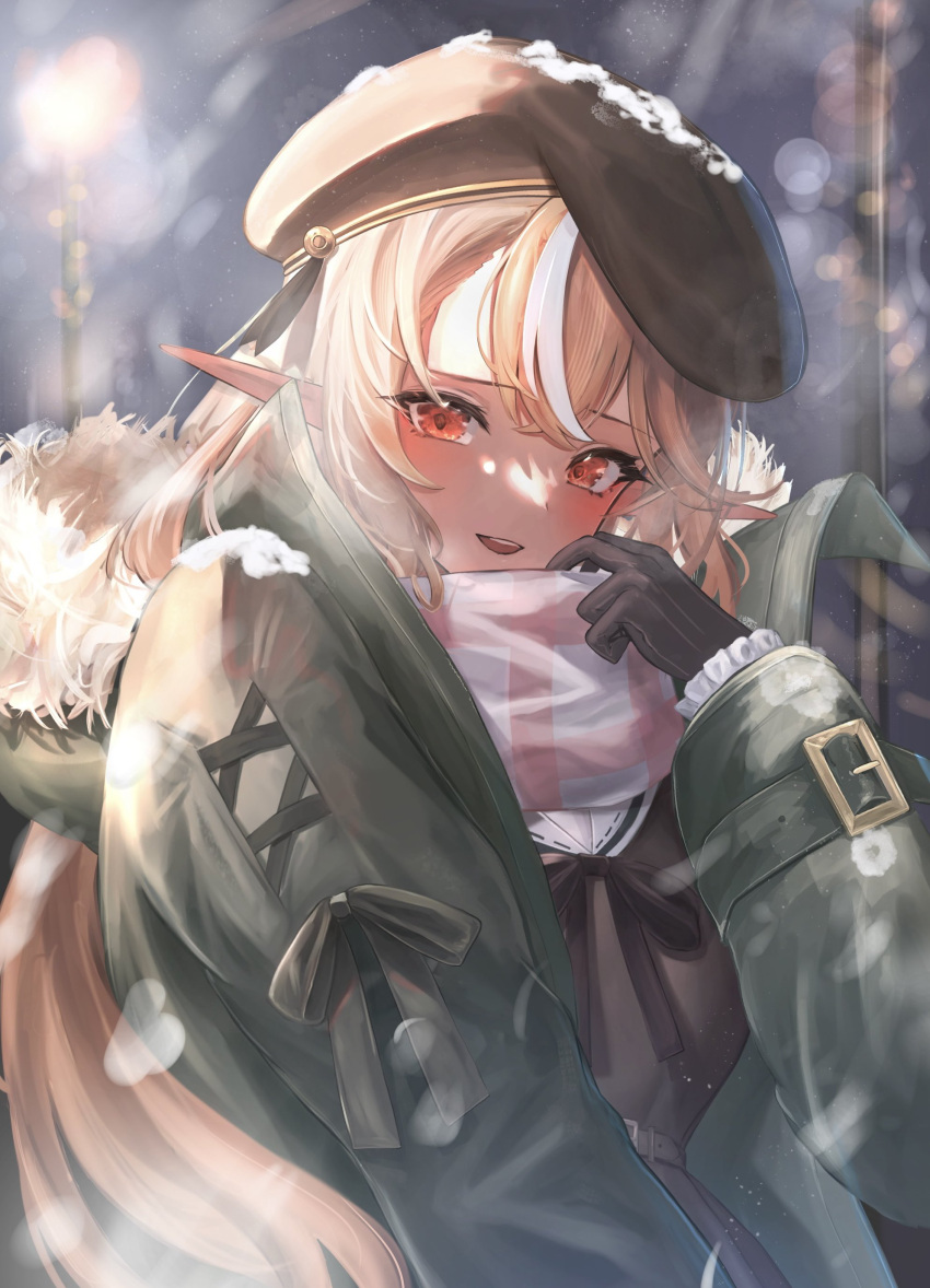 1girl, absurdres, black_gloves, blonde_hair, blush, bow, breasts, coat