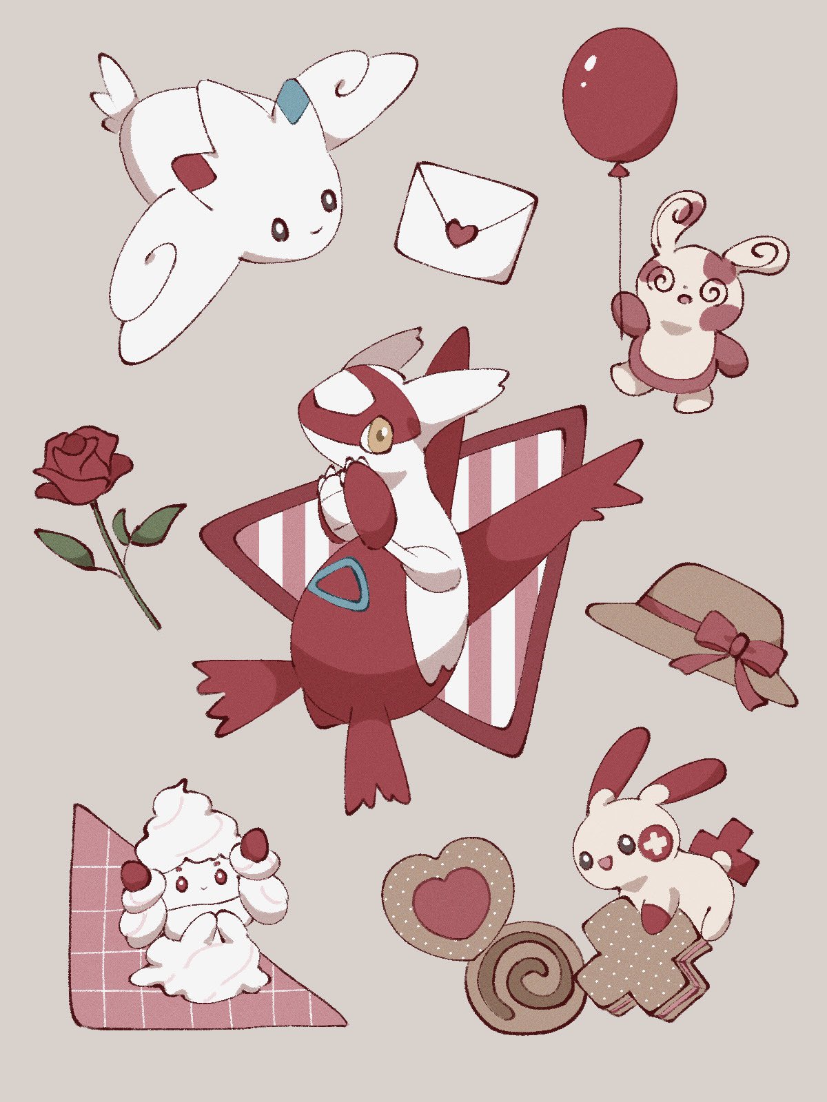 :d, alcremie, animal_focus, balloon, black_eyes, bow, claws, colored_skin