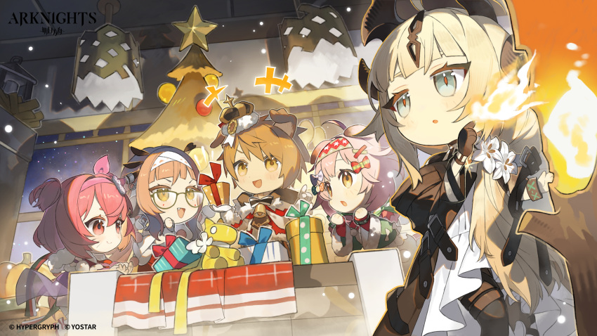1boy, 4girls, absurdres, animal_ears, arknights, blonde_hair, blue_eyes, box