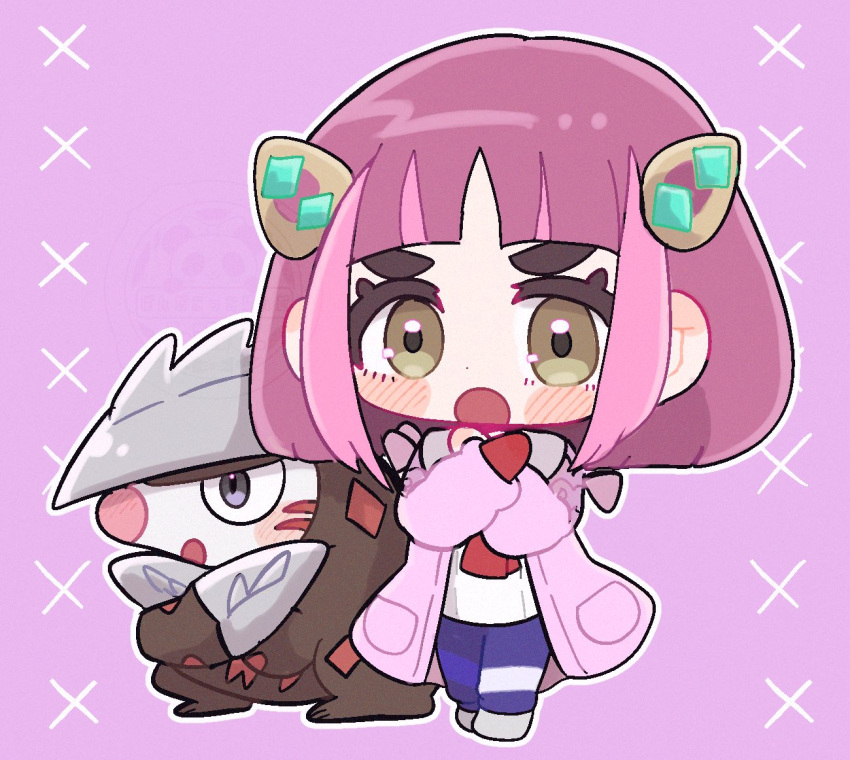 1girl, chibi, commentary_request, crossed_arms, excadrill, eyelashes, full_body, grey_eyes