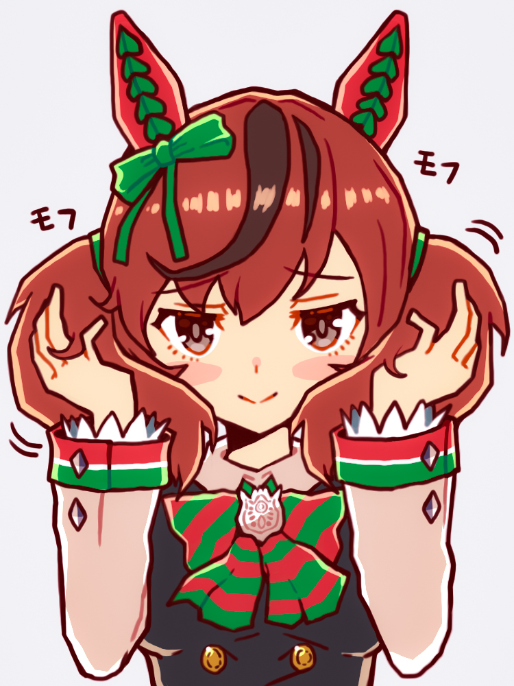 1girl, animal_ears, brown_eyes, brown_hair, ear_covers, grey_background, horse_ears, horse_girl