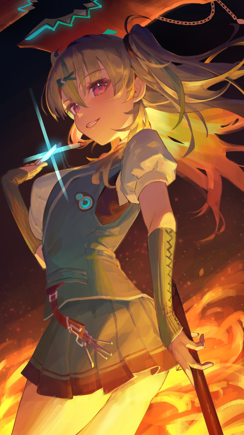 1girl, absurdres, breasts, fire, fish_hair_ornament, gloves, green_gloves, green_hair
