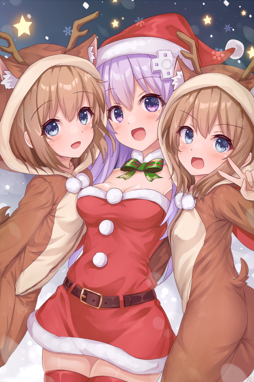 3girls, absurdres, blue_eyes, blush, breasts, brown_hair, d-pad, d-pad_hair_ornament