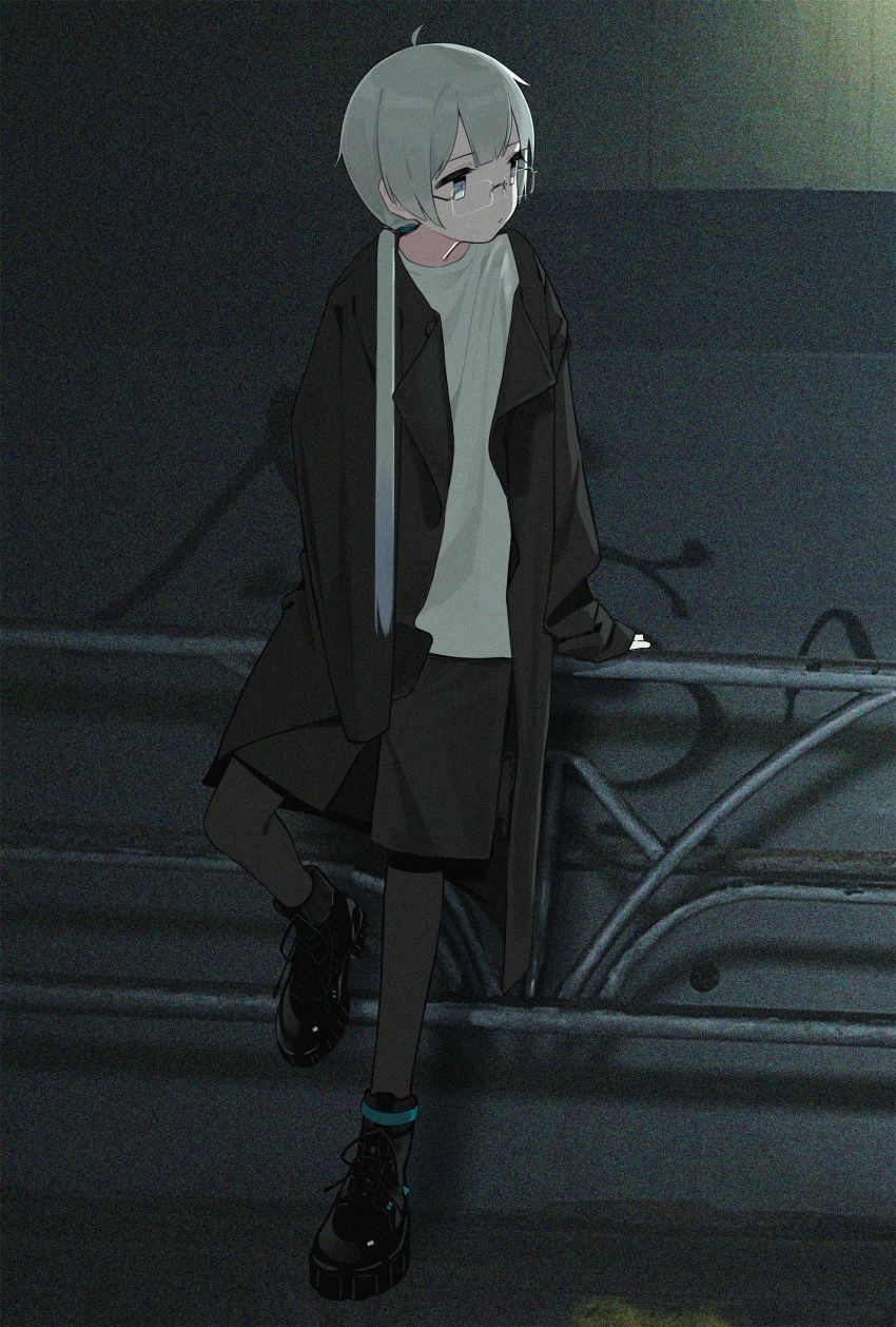 1girl, absurdres, against_railing, arm_support, black_coat, black_footwear, black_shorts, blue_eyes