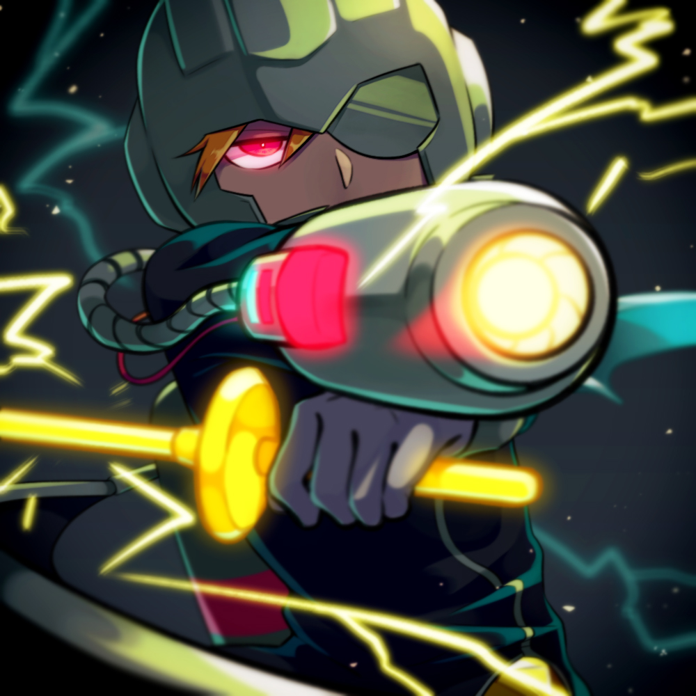 1boy, arm_cannon, black_jacket, blurry, cable, depth_of_field, electricity, fighting_stance