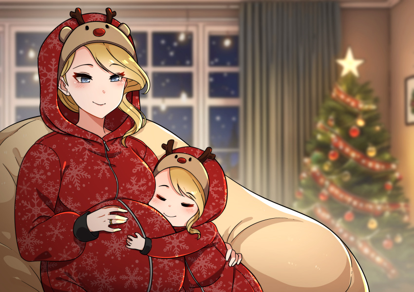 2girls, absurdres, animal_costume, antlers, azur_lane, blonde_hair, blue_eyes, breasts