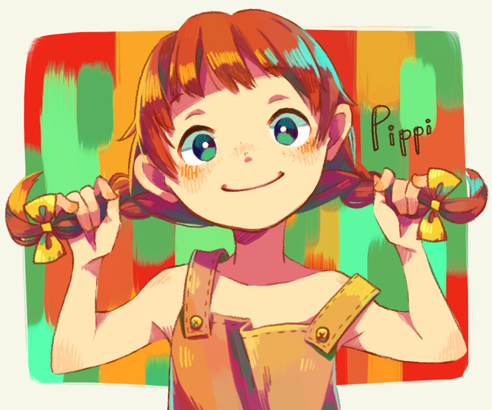 1girl, blush, border, bow, braid, bright_pupils, brown_hair, brown_overalls