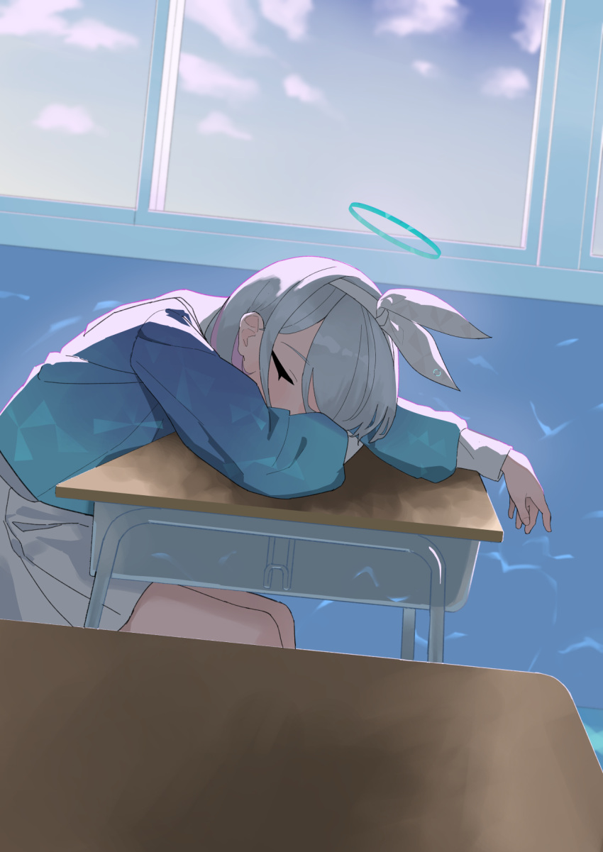 1girl, arona_(blue_archive), blue_archive, blue_hair, blue_halo, chair, closed_eyes, desk
