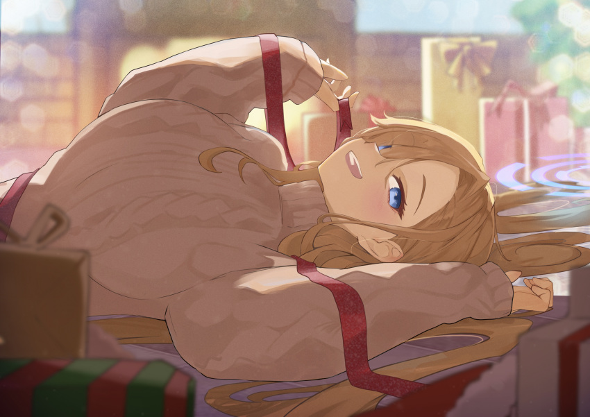 1girl, absurdres, alternate_costume, asuna_(blue_archive), blue_archive, blue_eyes, blue_halo, box