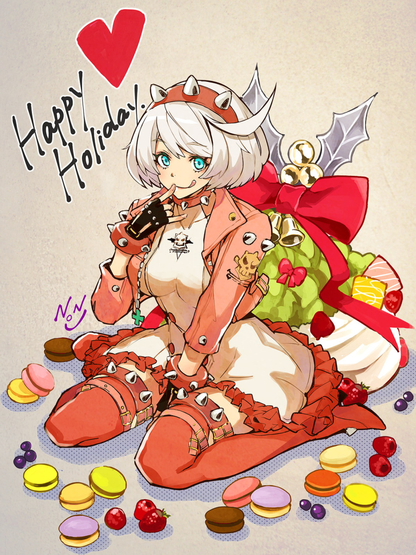 1girl, :p, ahoge, black_gloves, blue_eyes, blueberry, boots, bracelet