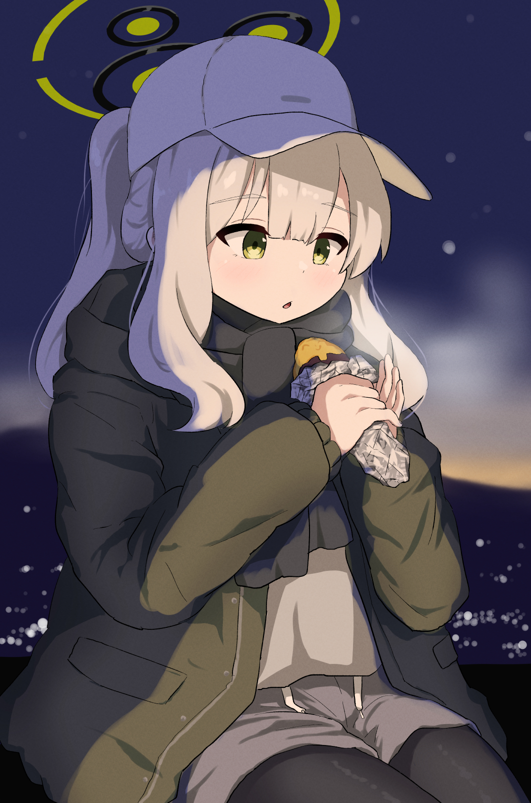 1girl, black_pantyhose, black_scarf, blue_archive, blush, cowboy_shot, food, green_eyes