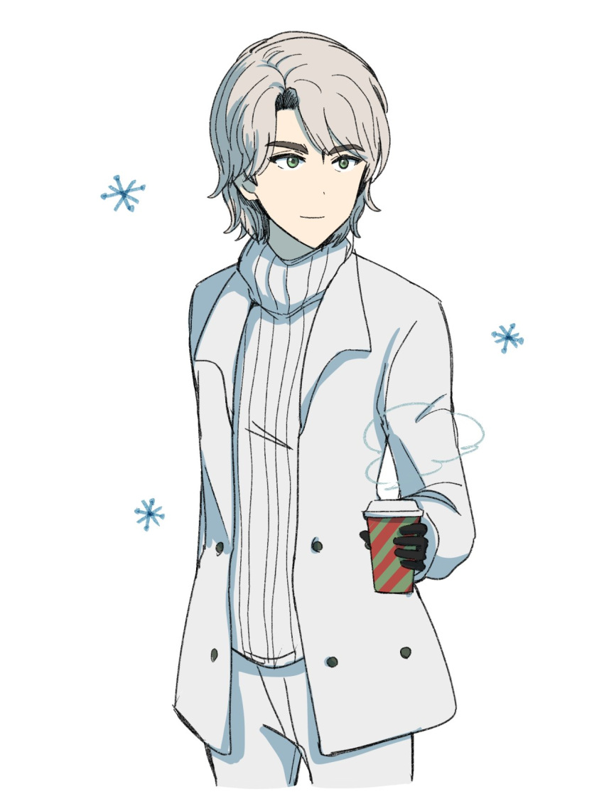 1boy, black_gloves, blocoz02, coffee_cup, cup, disposable_cup, dot_nose, gloves
