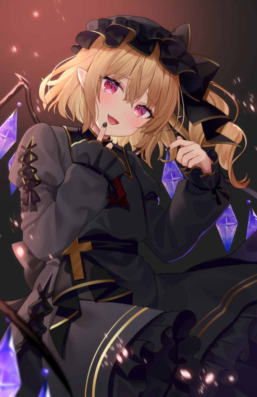 1girl, absurdres, ascot, black_dress, black_headwear, black_nails, blonde_hair, cross