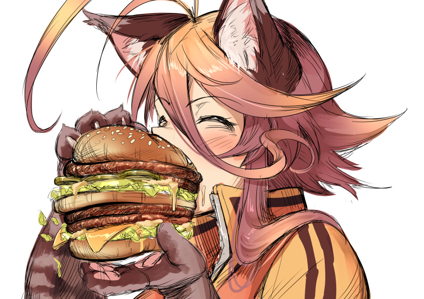 1girl, absurdres, ad, ahoge, animal_ears, animal_hands, big_mac, blush