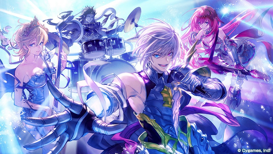 2boys, 2girls, band, bare_shoulders, bass_guitar, black_hair, blonde_hair, blue_eyes