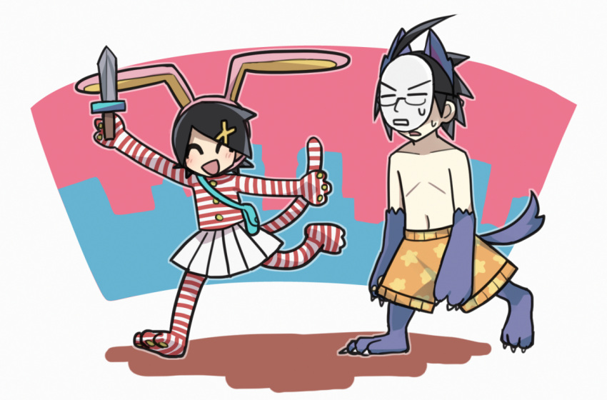 1boy, 1girl, ^_^, ahoge, animal_costume, animal_ears, black_hair, blue_bag, blush_stickers, claws, closed_eyes, cosplay, dog_ears, fuura_kafuka, hair_ornament, holding, holding_knife, itoshiki_nozomu, kedamono_(popee_the_performer), kedamono_(popee_the_performer)_(cosplay), knife, magusagari, mask, navel, open_mouth, popee_(popee_the_performer), popee_(popee_the_performer)_(cosplay), popee_the_performer, purple_fur, rabbit_costume, sayonara_zetsubou_sensei, short_hair, skirt, striped_bodysuit, sweatdrop, topless_male, walking, white_skirt, x_hair_ornament