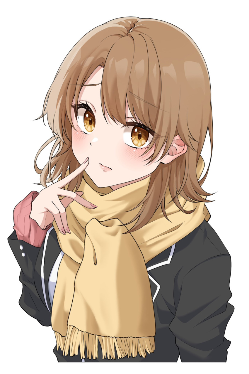 1girl, black_jacket, blazer, blonde_hair, closed_mouth, finger_to_cheek, highres, isshiki_iroha