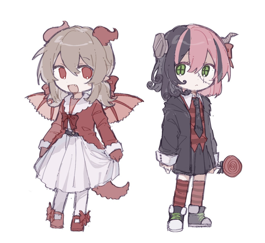 2girls, black_necktie, black_skirt, bow, brown_hair, crea_flankenstein, dragon_horns, dragon_tail
