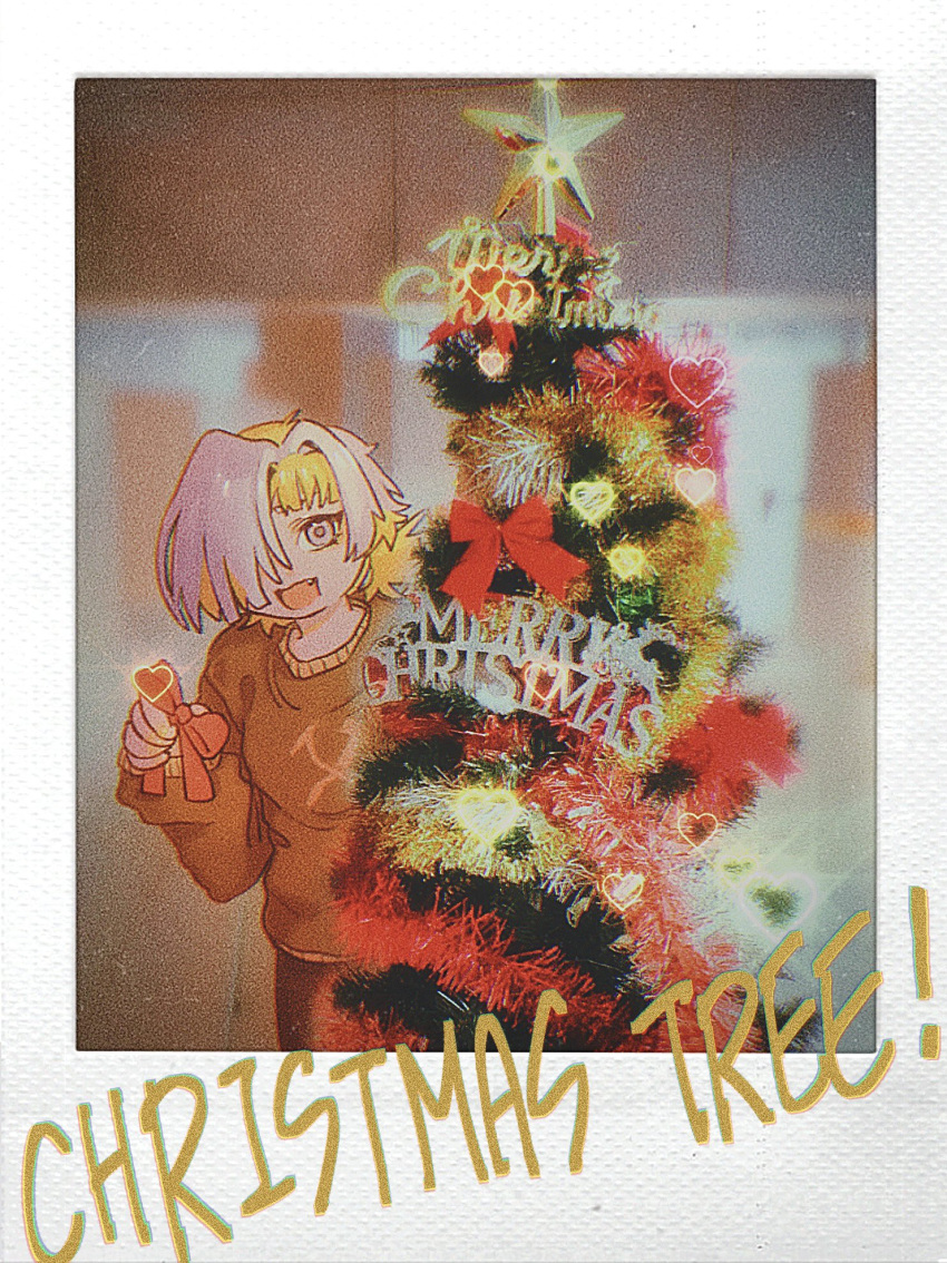 1girl, bow, brown_sweater, christmas, christmas_tree, fangs, highres, kromer_(project_moon)