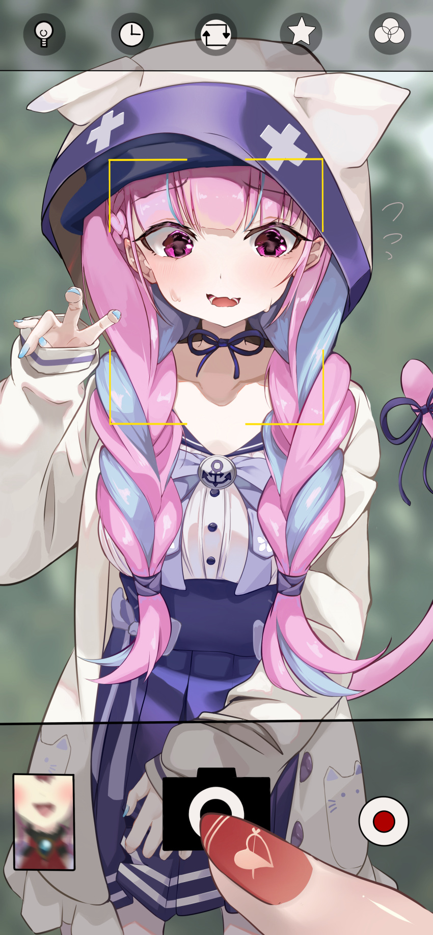 2girls, absurdres, animal_hood, bent_v, blue_bow, blue_bowtie, blue_hair, blue_nails