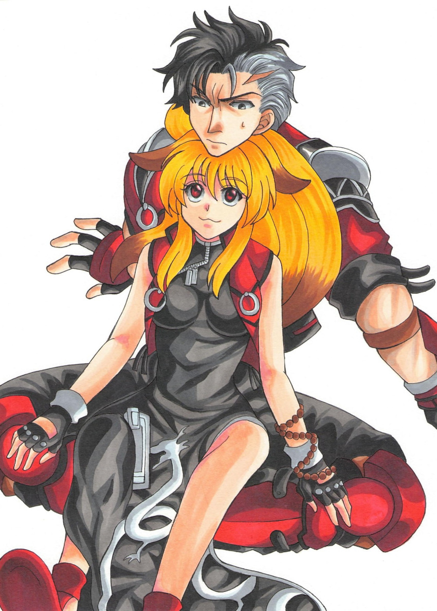 1boy, 1girl, :3, ahoge, animal_ears, arisu_reiji, beads, black_gloves, black_hair, blonde_hair, breasts, china_dress, chinese_clothes, closed_mouth, cropped_jacket, dress, fingerless_gloves, gloves, highres, jacket, long_hair, looking_at_another, medium_breasts, multicolored_hair, namco_x_capcom, o-ring, pelvic_curtain, ponytail, prayer_beads, project_x_zone, red_eyes, red_jacket, sakura_usagi_(yuina), scar, sitting, sitting_on_lap, sitting_on_person, sleeves_rolled_up, super_robot_wars, super_robot_wars_og_saga_mugen_no_frontier, sweatdrop, two-tone_hair, vest, white_background, white_hair, xiaomu, zipper