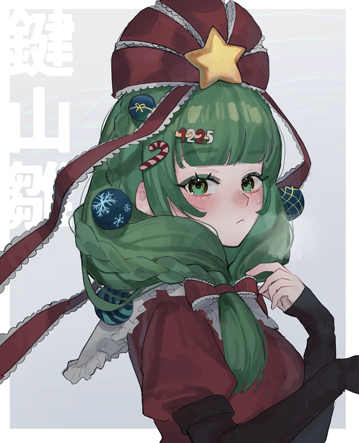1girl, akari0120_s, black_sweater, blunt_bangs, blurry, bow, braid, character_name, christmas, frilled_bow, frilled_ribbon, frills, front_ponytail, green_eyes, green_hair, hair_bow, hair_ribbon, kagiyama_hina, looking_at_viewer, puffy_short_sleeves, puffy_sleeves, red_bow, red_ribbon, ribbon, short_sleeves, solo, star_(symbol), sweater, touhou, upper_body, winter, winter_clothes