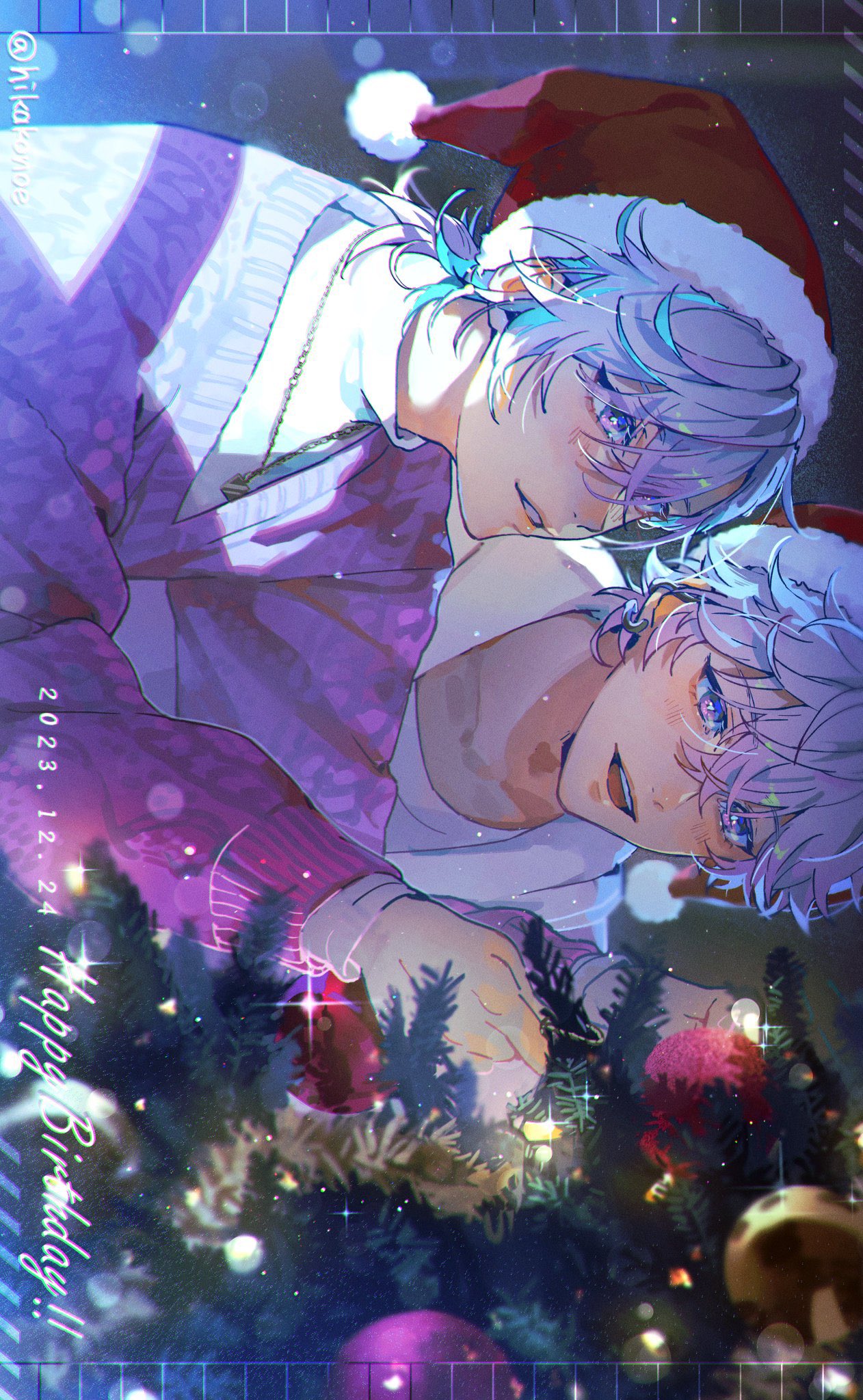 2023, 2boys, aqua_hair, brothers, christmas, christmas_tree, closed_mouth, cozmez_(paradox_live)