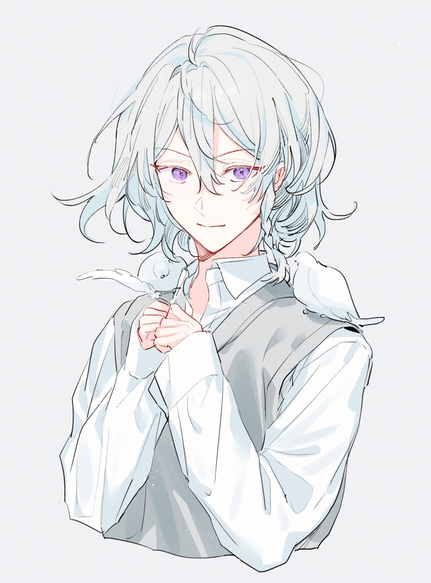 1boy, alternate_hair_length, alternate_hairstyle, animal_on_shoulder, bird, bird_on_shoulder, blue_hair, braid