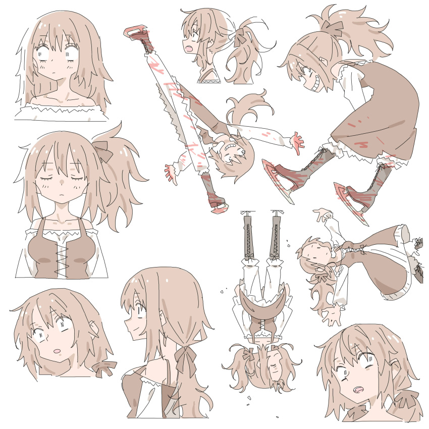 1girl, absurdres, black_bow, blood, blood_on_clothes, blood_on_shoes, bow, closed_eyes