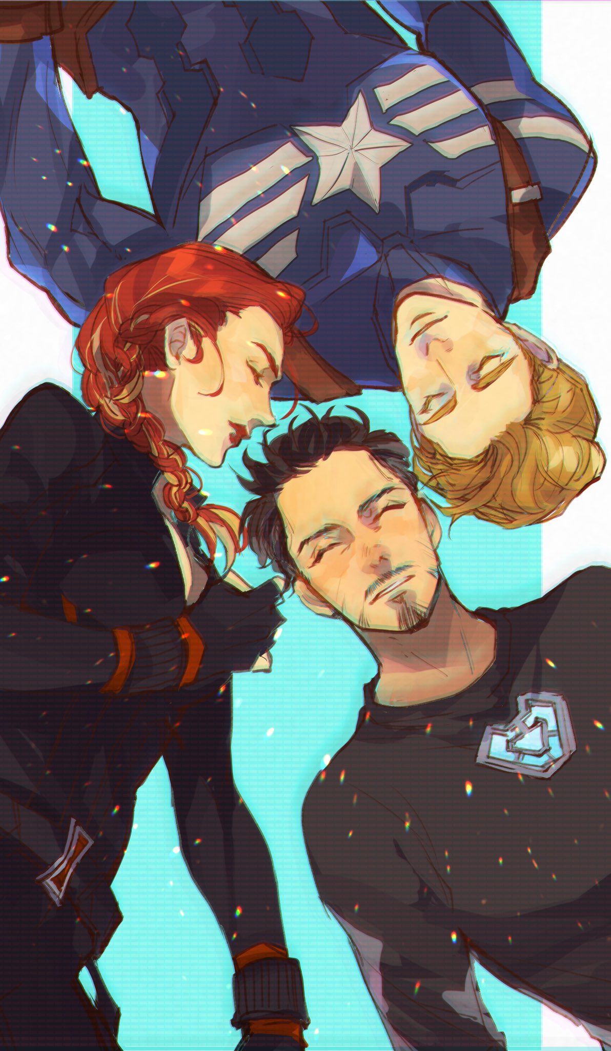 1girl, 2boys, animification, arc_reactor, avengers:_endgame, avengers_(series), belt, black_belt