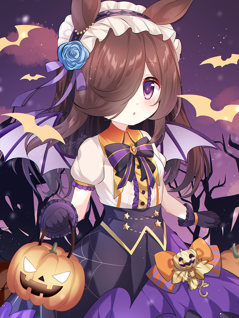 animal_ears, bat_wings, black_gloves, blue_flower, breasts, commentary, flower, gloves