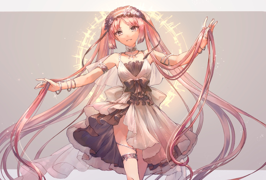 1girl, :d, armlet, bare_shoulders, bracelet, dress, euryale_(fate), euryale_(third_ascension)_(fate)