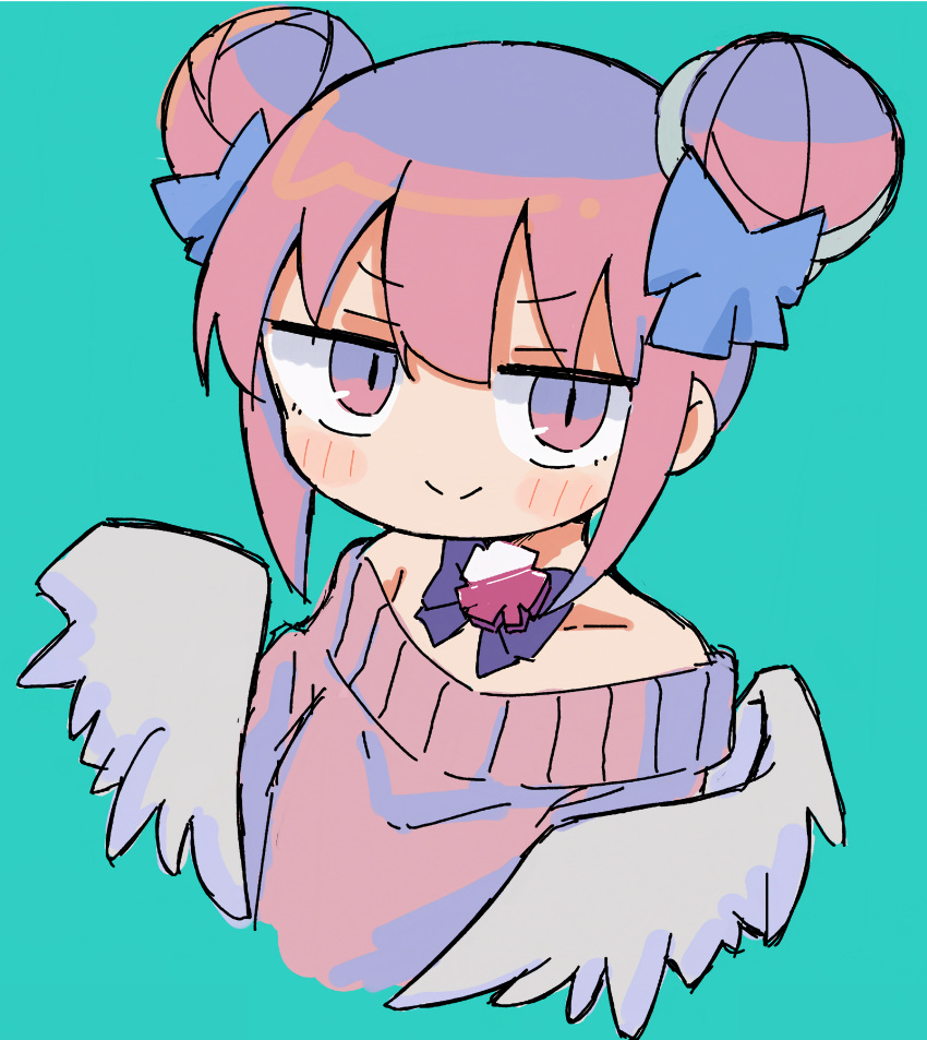 1girl, absurdres, angel, angel_wings, aqua_background, blue_bow, bow, bowtie