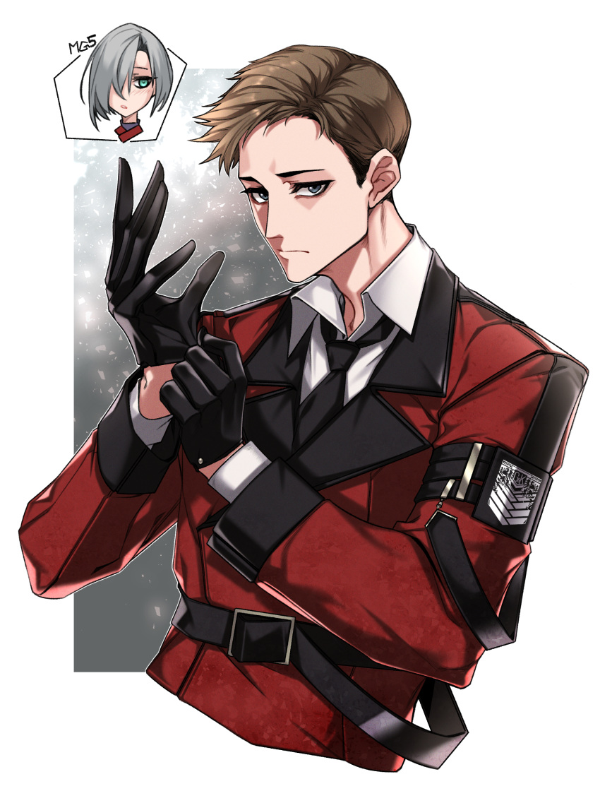 1boy, 1girl, absurdres, black_gloves, black_necktie, blue_eyes, border, brown_hair