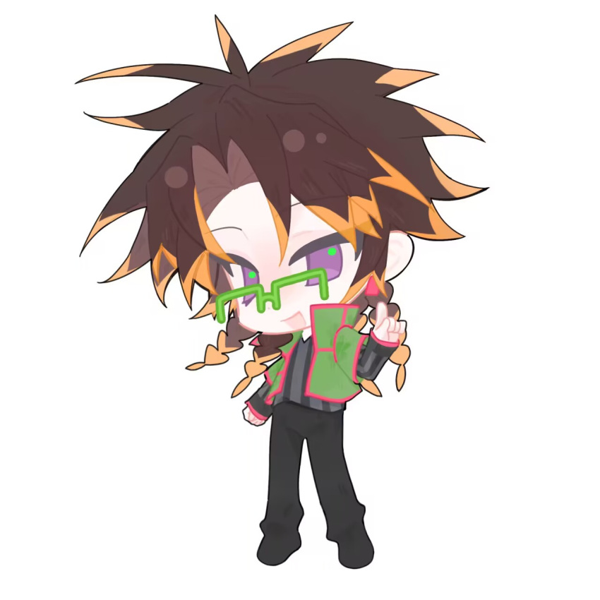 1boy, black_pants, blonde_hair, brown_hair, chibi, chinese_commentary, commentary_request, glasses