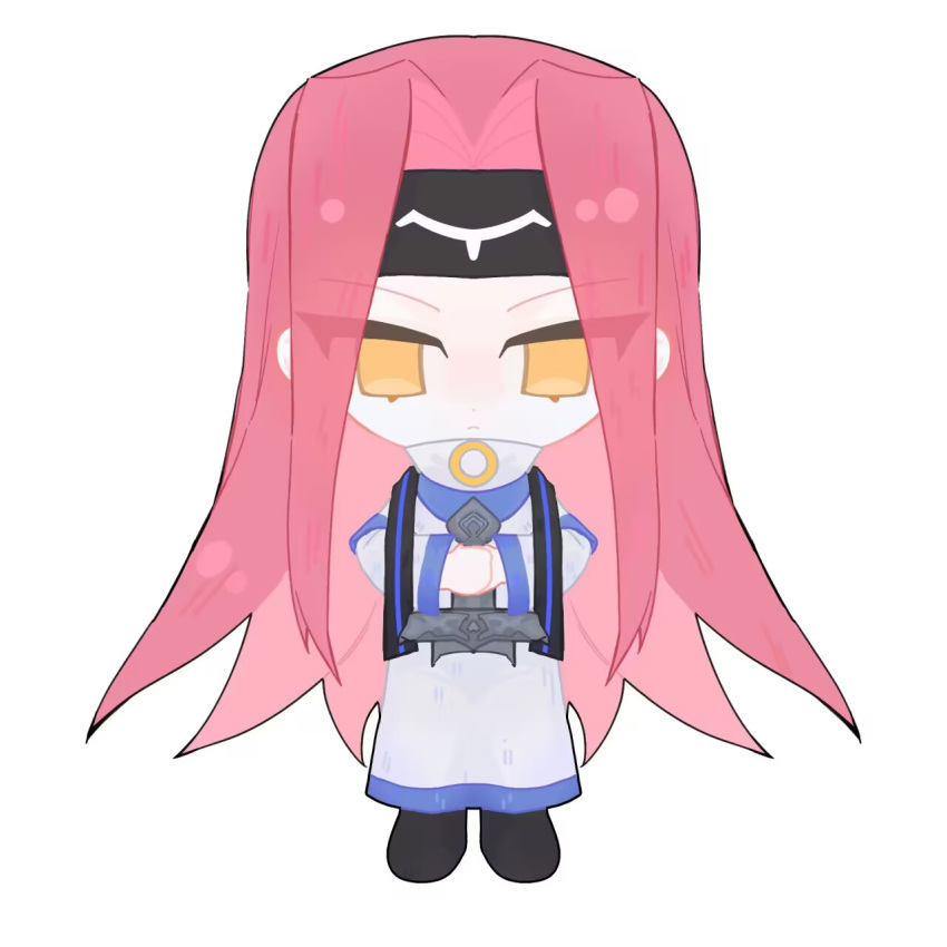 1girl, black_footwear, black_headband, chibi, chinese_commentary, closed_mouth, commentary_request, dress, enein_rundall, eyes_visible_through_hair, frown, guawojiaoweizhi, headband, highres, long_hair, long_sleeves, own_hands_together, parted_bangs, pink_hair, saibou_shinkyoku, simple_background, solo, stole, white_background, white_dress, yellow_eyes