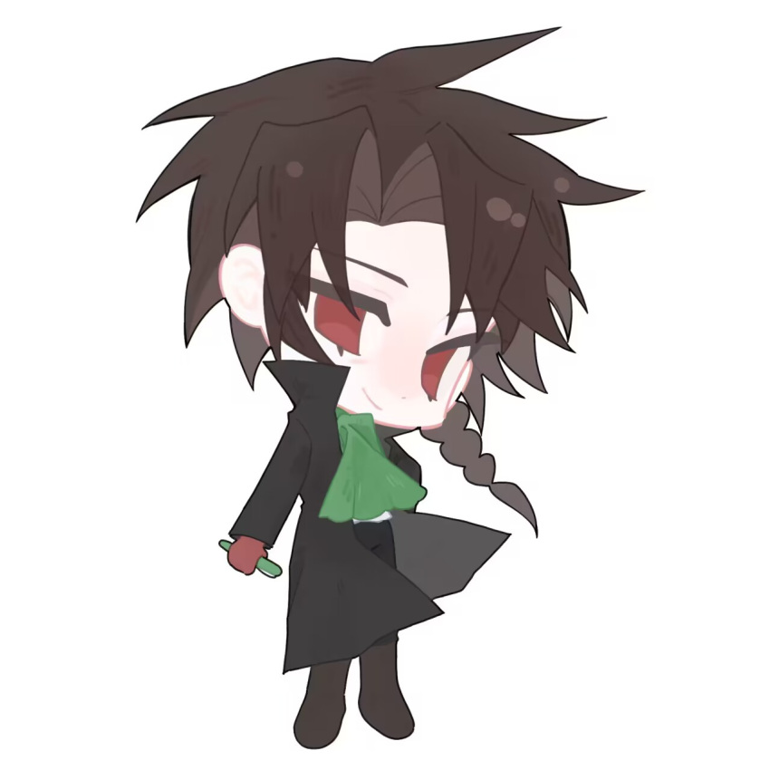 1boy, black_coat, black_pants, boots, braid, brown_footwear, brown_hair, chibi, chinese_commentary, closed_mouth, coat, commentary_request, green_scarf, guawojiaoweizhi, harada_minoru, highres, holding, holding_pen, long_sleeves, male_focus, open_clothes, open_coat, pants, parted_bangs, pen, red_eyes, saibou_shinkyoku, scarf, shirt, side_braid, simple_background, single_braid, smile, solo, white_background, white_shirt