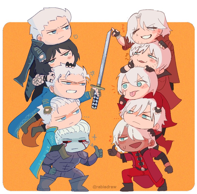black_gloves, blue_eyes, brothers, chibi, coat, dante_(devil_may_cry), dark-skinned_male, dark_skin, devil_may_cry_(series), devil_may_cry_1, devil_may_cry_2, devil_may_cry_3, devil_may_cry_4, devil_may_cry_5, fingerless_gloves, gloves, holding, holding_weapon, jacket, long_hair, male_focus, multiple_boys, nelo_angelo, rabiadraw, red_coat, siblings, smile, sword, thumbs_up, vergil_(devil_may_cry), weapon, white_hair, yamato_(sword)