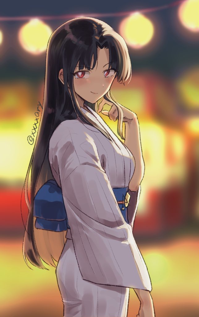 1girl, black_hair, blurry, blurry_background, closed_mouth, cowboy_shot, festival, from_side
